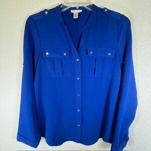 Calvin Klein Blue Blouse W/ Shoulder Epaulets and Front Pockets- Size M
